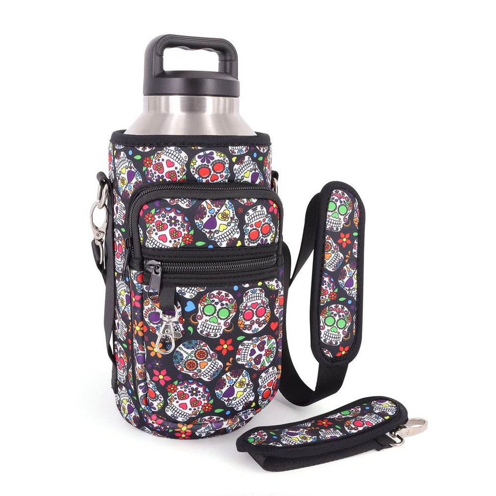 AJLTPA Half Gallon Jugs Water Bottle Holder with Strap and 2 Pockets, Water Bottle Sleeve Carrier For Half Gallon Jugs 64oz Flask(Floral Sugar Skull)