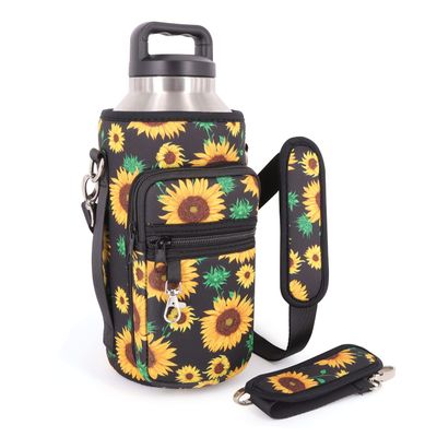 AJLTPA Half Gallon Jugs Water Bottle Holder with Strap and 2 Pockets, Water Bottle Sleeve Carrier For Half Gallon Jugs 64oz Flask (Sunflower)