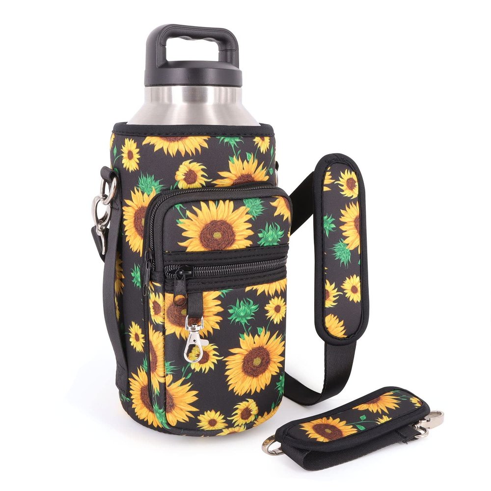 AJLTPA Half Gallon Jugs Water Bottle Holder with Strap and 2 Pockets, Water Bottle Sleeve Carrier For Half Gallon Jugs 64oz Flask (Sunflower)