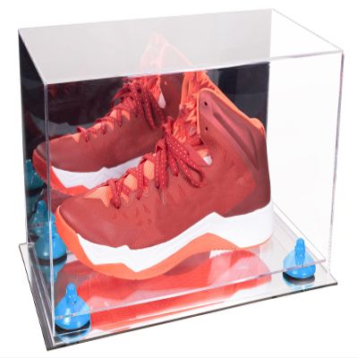 Better Display Cases Acrylic Large Shoe Display Case for Basketball Shoe Soccer Cleat Football Cleat with Mirror Case, Light Blue Risers and Mirror Base (V11/A013)