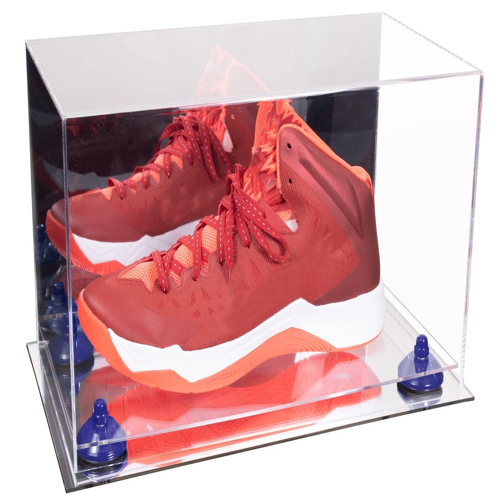 Better Display Cases Acrylic Large Shoe Display Case for Basketball Shoe Soccer Cleat Football Cleat with Mirror Case, Navy Blue Risers and Mirror Base (V11/A013)