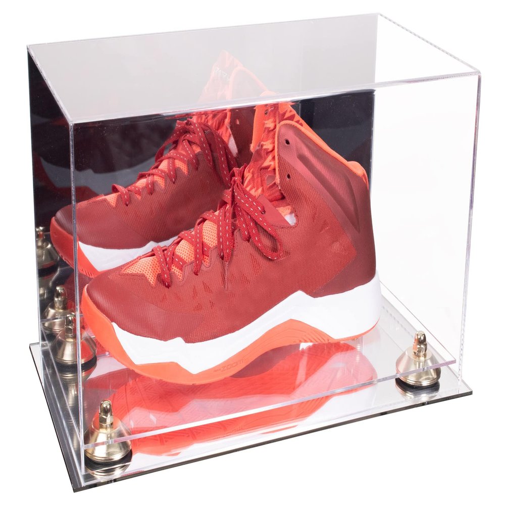 Better Display Cases Acrylic Large Shoe Display Case for Basketball Shoe Soccer Cleat Football Cleat with Mirror Case, Gold Risers and Mirror Base (V11/A013)