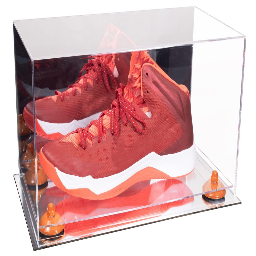 Better Display Cases Acrylic Large Shoe Display Case for Basketball Shoe Soccer Cleat Football Cleat with Mirror Case, Orange Risers and Mirror Base (V11/A013)