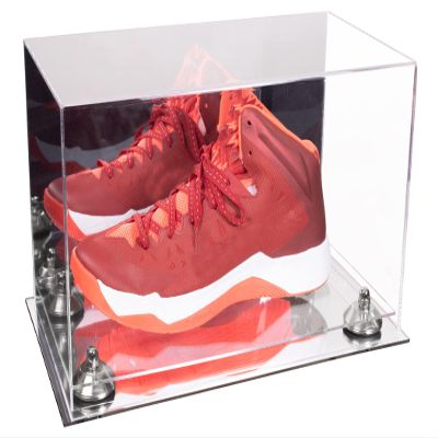 Better Display Cases Acrylic Large Shoe Display Case for Basketball Shoe Soccer Cleat Football Cleat with Mirror Case, Silver Risers and Mirror Base (V11/A013)