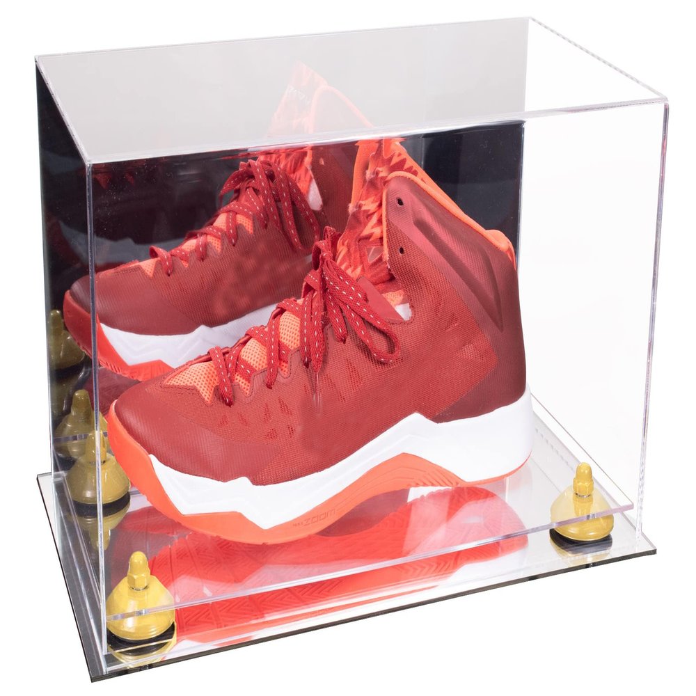 Better Display Cases Acrylic Large Shoe Display Case for Basketball Shoe Soccer Cleat Football Cleat with Mirror Case, Yellow Risers and Mirror Base (V11/A013)