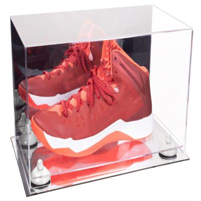 Better Display Cases Acrylic Large Shoe Display Case for Basketball Shoe Soccer Cleat Football Cleat with Mirror Case, White Risers and Mirror Base (V11/A013)