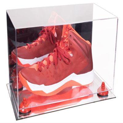 Better Display Cases Acrylic Large Shoe Display Case for Basketball Shoe Soccer Cleat Football Cleat with Mirror Case, Red Risers and Mirror Base (V11/A013)