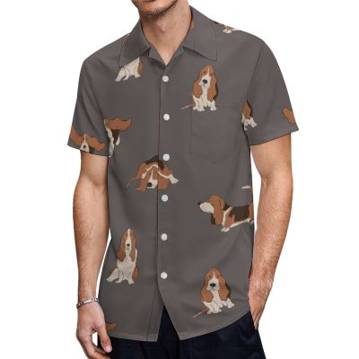 WEEDKEYCAT Basset Hound Dog Men's Short-Sleeve Pocket Shirts Loose-Fit Button Down Top Casual Beach Tees 5XL