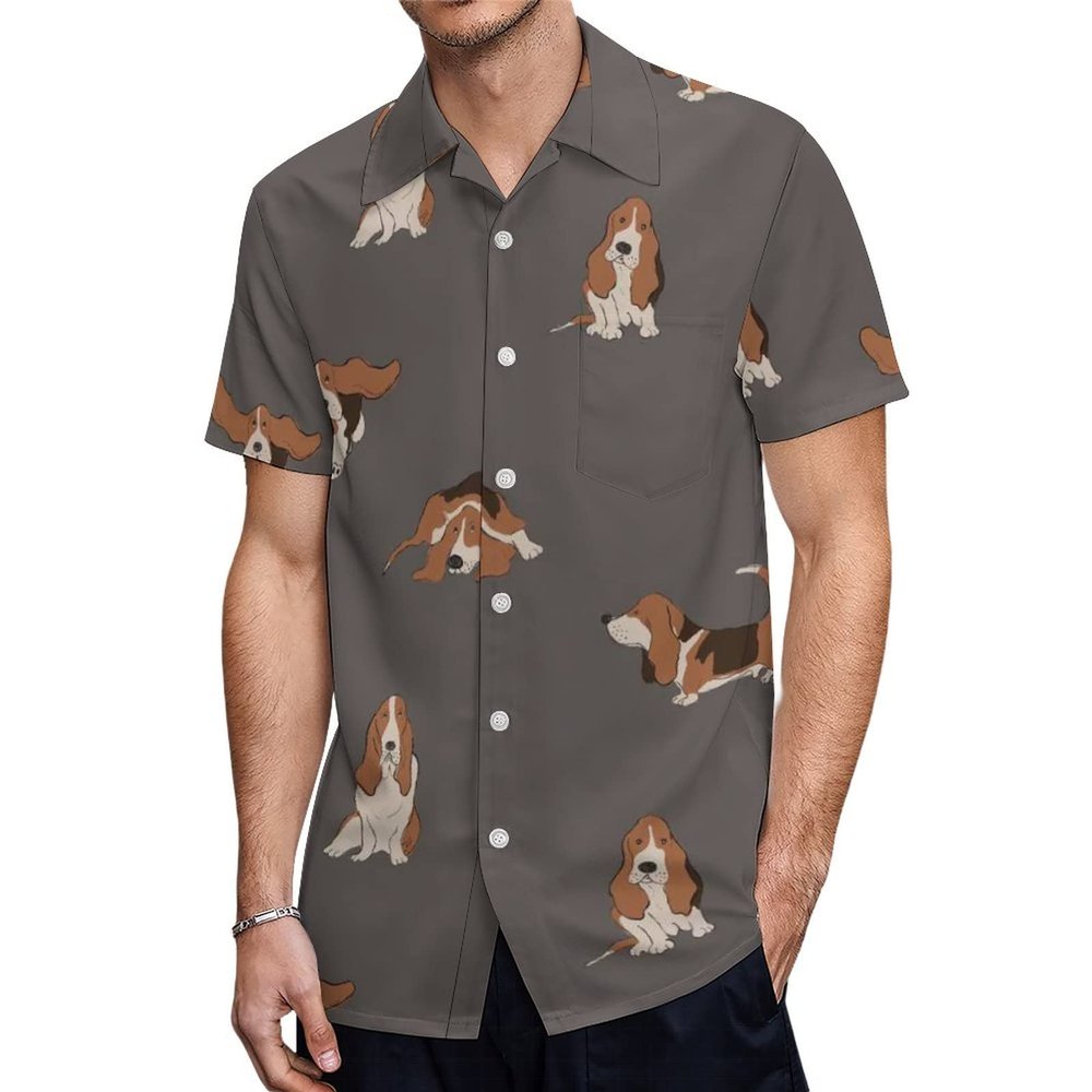 WEEDKEYCAT Basset Hound Dog Men's Short-Sleeve Pocket Shirts Loose-Fit Button Down Top Casual Beach Tees 5XL