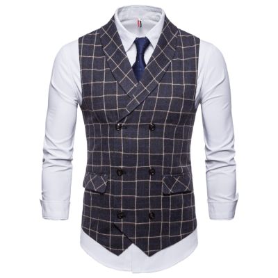 Men's Suit Vest - Spring Autumn Fashion Casual Men Lapel Plaid Double Breasted Formal Business Groomsmen Suit Vest Multiple Pockets Waistcoat,Dark Grey,L