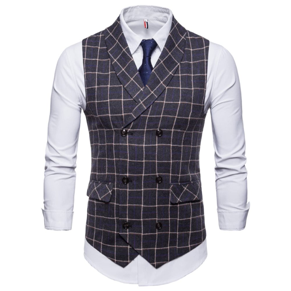Men's Suit Vest - Spring Autumn Fashion Casual Men Lapel Plaid Double Breasted Formal Business Groomsmen Suit Vest Multiple Pockets Waistcoat,Dark Grey,L
