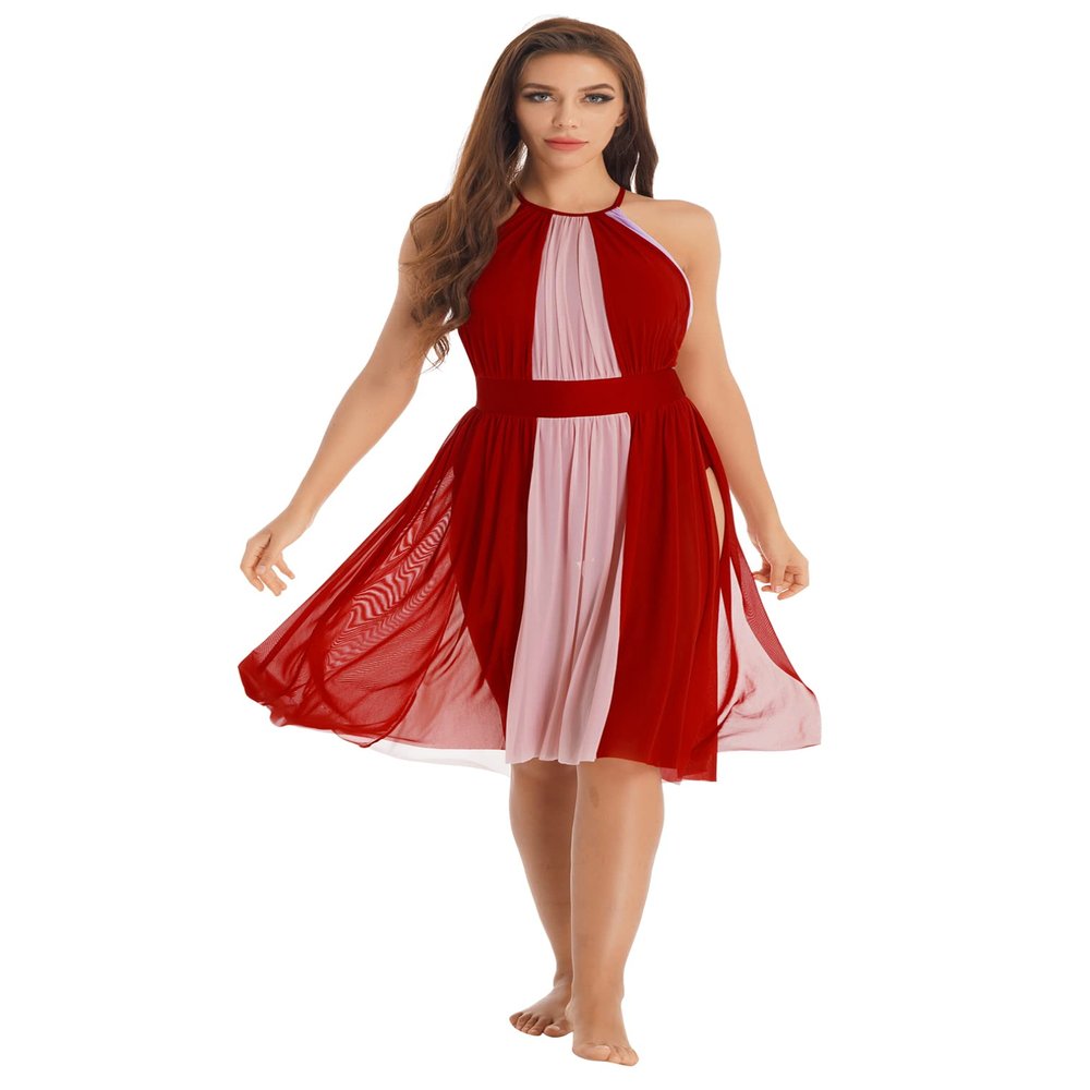 JEATHA Women's Sleeveless Mesh Color Block Skirted Leotard Ballet Lyrical Modern Dance Dress Dancewear 2# Burgundy Medium