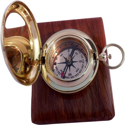 Brass Push Open Compass with Rose Wood Case, Pocket Compass