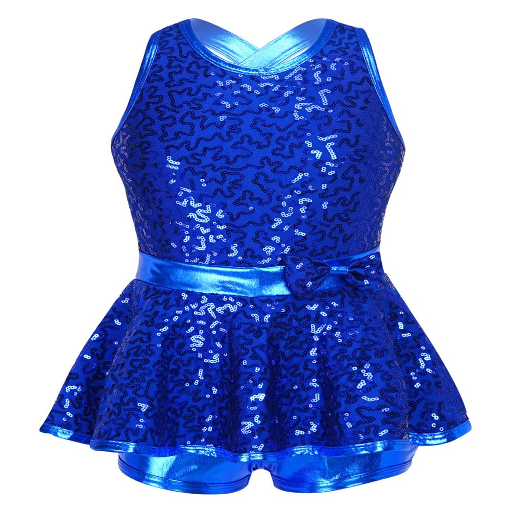 Freebily Kid Girls Sequined Ballet Dance Dress Modern Lyrical Dance Costume Criss Cross Back Leotard Skirt Cheer Dancewear Royal Blue 8