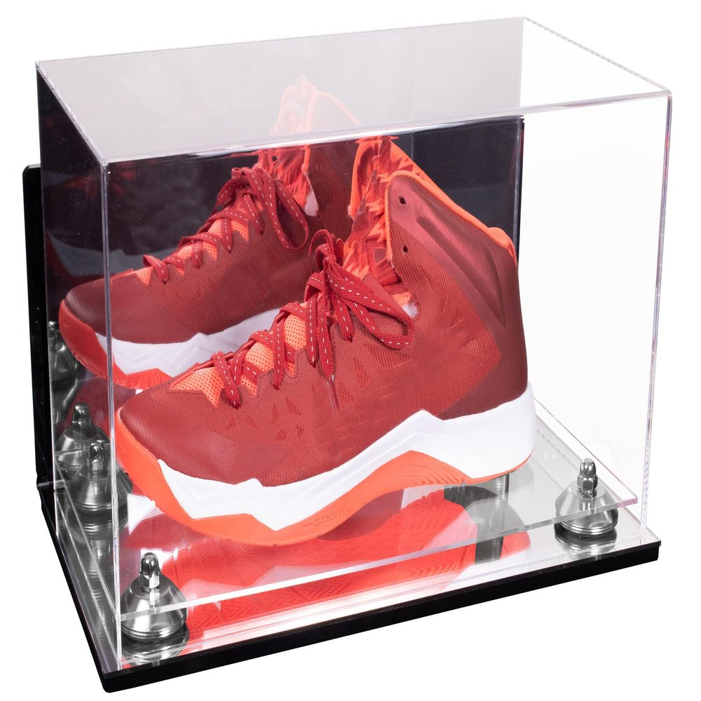 Better Display Cases Acrylic Large Shoe Display Case for Basketball Shoe Soccer Cleat Football Cleat with Mirror Case, Silver Risers, Wall Mount and Mirror Base (V11/A013)