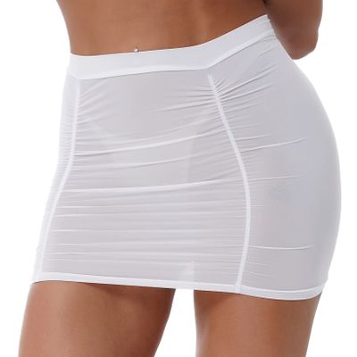 LiiYii Womens Translucent Skirts Bodycon Pencil Skirts Stretchy Shirring Ruched Skirts Nightwear White One Size