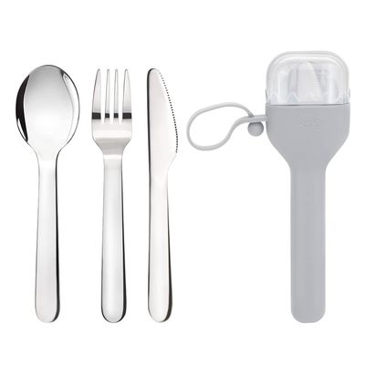 Sophico Travel Utensils Set for Camping and Kids Lunch Box, Stainless Steel Fork and Spoon, Knife Silverware Flatware Sets with Silicone Case - Portable & Leak-proof, Dishwasher Safe (Grey, 1 Set)