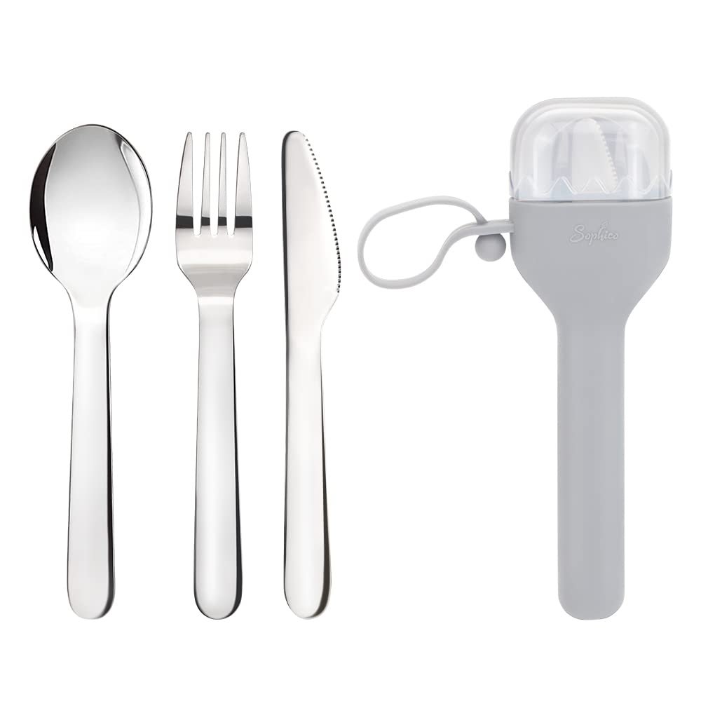Sophico Travel Utensils Set for Camping and Kids Lunch Box, Stainless Steel Fork and Spoon, Knife Silverware Flatware Sets with Silicone Case - Portable & Leak-proof, Dishwasher Safe (Grey, 1 Set)