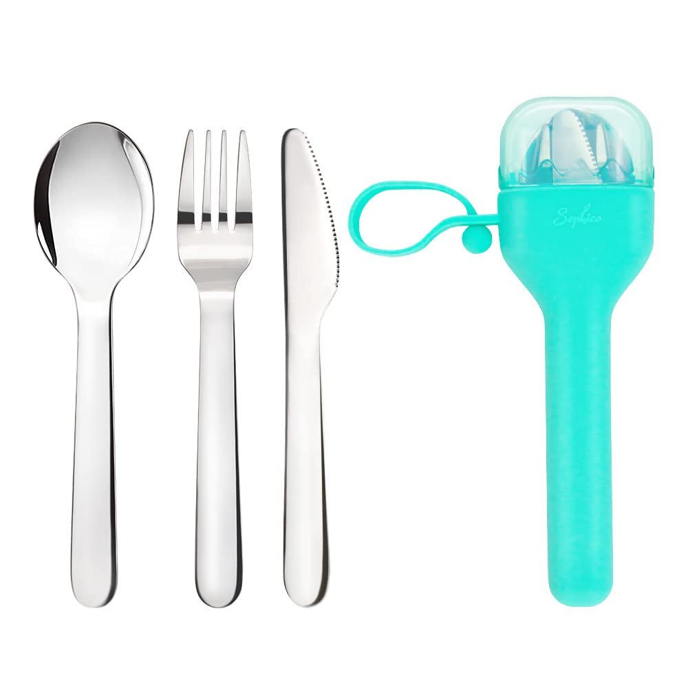 Sophico Travel Utensils Set for Camping and Kids Lunch Box, Stainless Steel Fork and Spoon, Knife Silverware Flatware Sets with Silicone Case - Portable & Leak-proof, Dishwasher Safe (Mint, 1 Set)