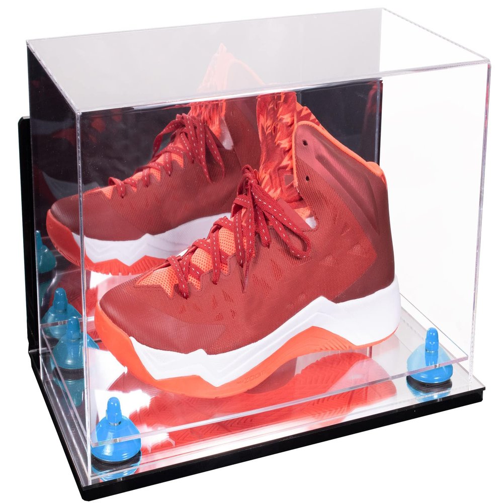 Better Display Cases Acrylic Large Shoe Display Case for Basketball Shoe Soccer Cleat Football Cleat with Mirror Case, Light Blue Risers, Wall Mount and Mirror Base (V11/A013)