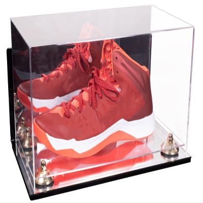 Better Display Cases Acrylic Large Shoe Display Case for Basketball Shoe Soccer Cleat Football Cleat with Mirror Case, Gold Risers, Wall Mount and Mirror Base (V11/A013)