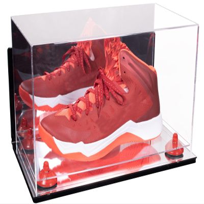 Better Display Cases Acrylic Large Shoe Display Case for Basketball Shoe Soccer Cleat Football Cleat with Mirror Case, Red Risers, Wall Mount and Mirror Base (V11/A013)