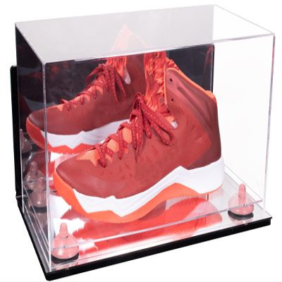 Better Display Cases Acrylic Large Shoe Display Case for Basketball Shoe Soccer Cleat Football Cleat with Mirror Case, Pink Risers, Wall Mount and Mirror Base (V11/A013)
