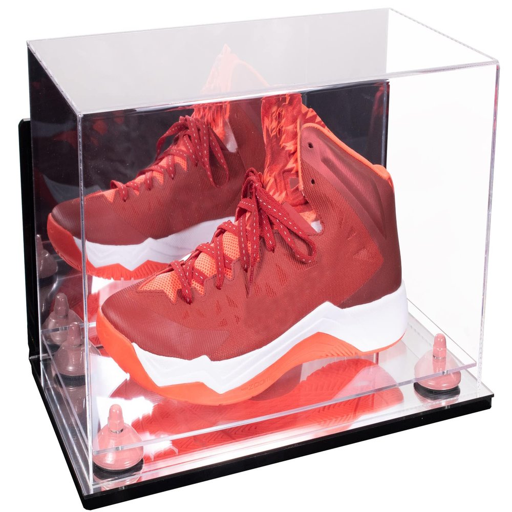 Better Display Cases Acrylic Large Shoe Display Case for Basketball Shoe Soccer Cleat Football Cleat with Mirror Case, Pink Risers, Wall Mount and Mirror Base (V11/A013)