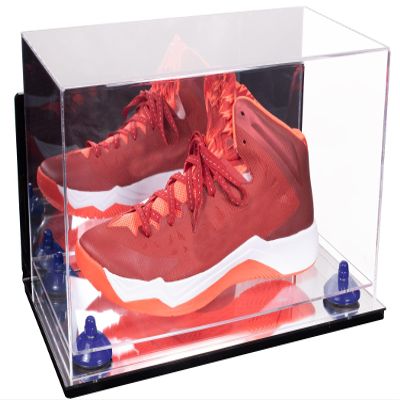 Better Display Cases Acrylic Large Shoe Display Case for Basketball Shoe Soccer Cleat Football Cleat with Mirror Case, Navy Blue Risers, Wall Mount and Mirror Base (V11/A013)