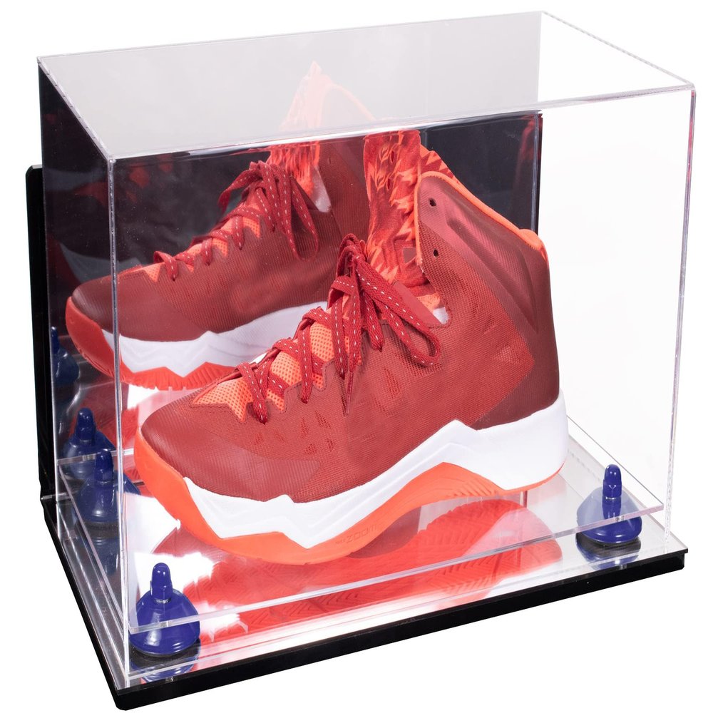 Better Display Cases Acrylic Large Shoe Display Case for Basketball Shoe Soccer Cleat Football Cleat with Mirror Case, Navy Blue Risers, Wall Mount and Mirror Base (V11/A013)