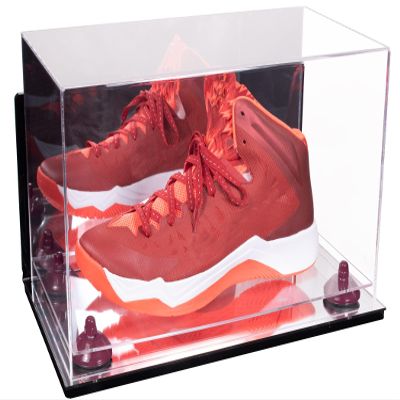 Better Display Cases Acrylic Large Shoe Display Case for Basketball Shoe Soccer Cleat Football Cleat with Mirror Case, Purple Risers, Wall Mount and Mirror Base (V11/A013)