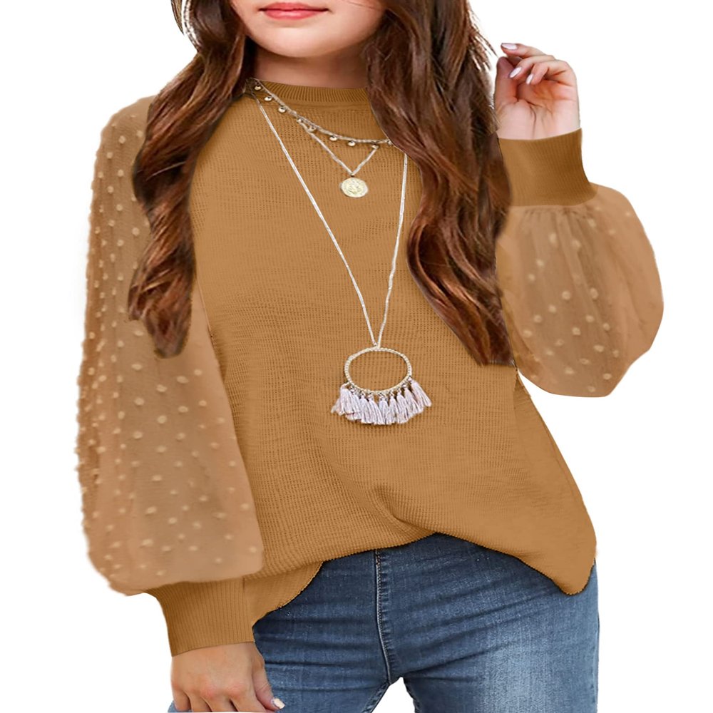 Arshiner Girls Puff Long Sleeve Sweaters Crewneck Lace Polka Dot Casual Knit Tops Pullover Jumper Outwear for Kids Brown