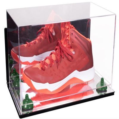 Better Display Cases Acrylic Large Shoe Display Case for Basketball Shoe Soccer Cleat Football Cleat with Mirror Case, Green Risers, Wall Mount and Mirror Base (V11/A013)