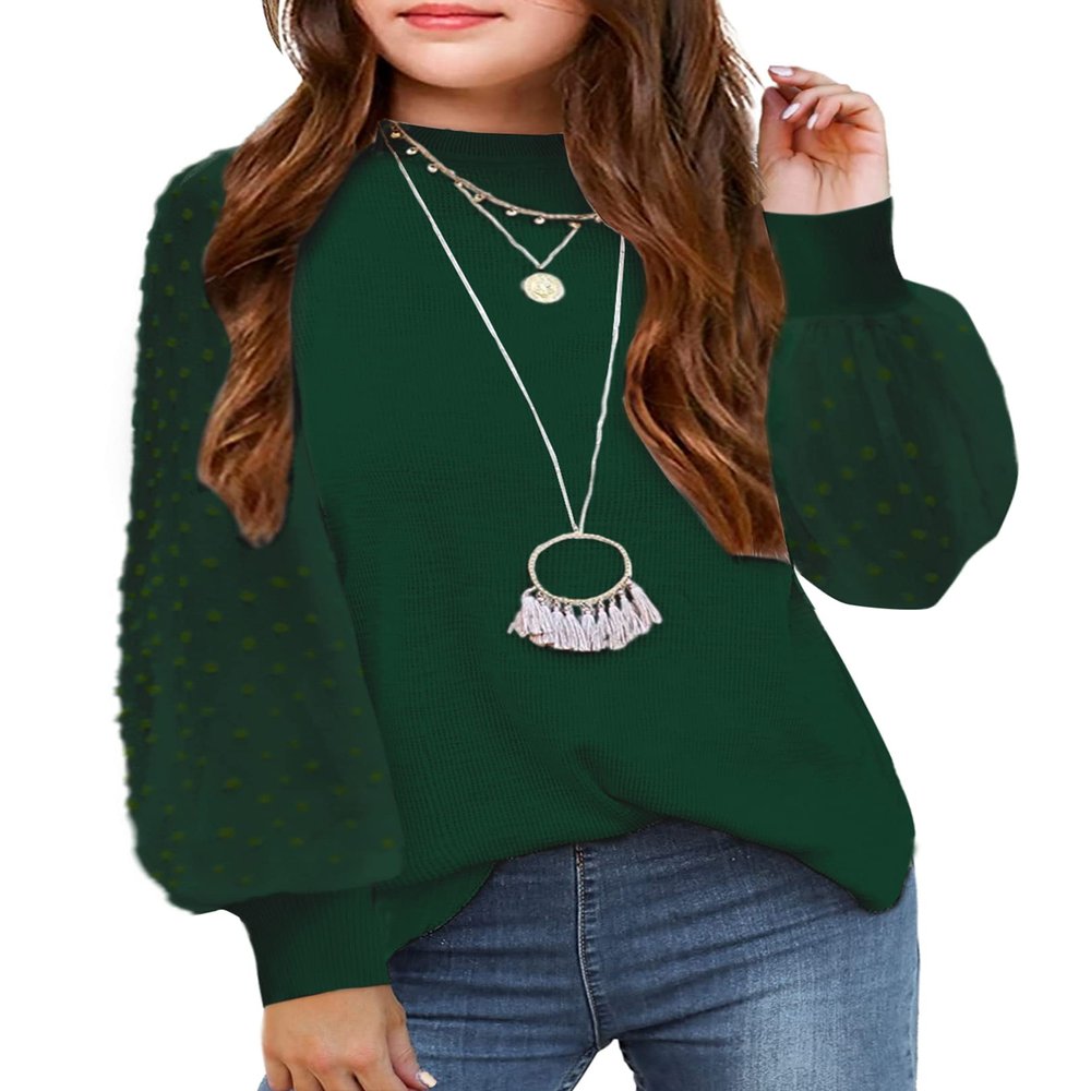 Arshiner Girls Puff Long Sleeve Sweaters Crewneck Lace Polka Dot Casual Knit Tops Pullover Jumper Outwear for Kids Dark Green
