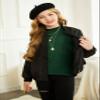 Arshiner Girls Puff Long Sleeve Sweaters Crewneck Lace Polka Dot Casual Knit Tops Pullover Jumper Outwear for Kids Dark Green view 3