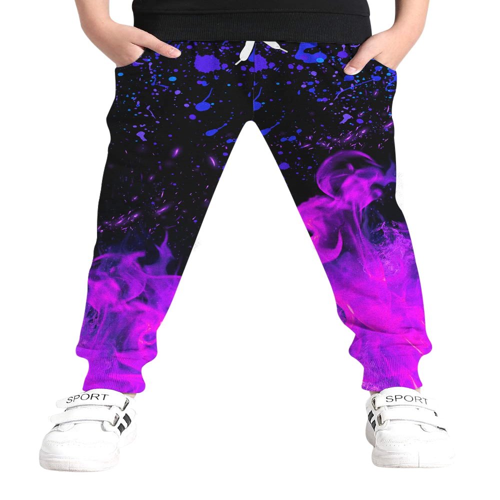 Little Boys Cool Pants with Drawstring 3D Printed Purple Flaming Fire Sweatpants for Girls Size 10 12 Spring Novelty Purple Flame Smoke Joggers 11 13 Years Old Youth Exercise Active Home Party Clothes