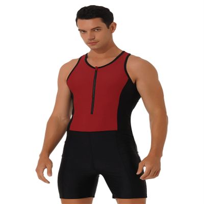 TSSOE Sun Protection Swimsuit for Men Short Sleeve Rash Guard Wetsuit One-Piece Swim Surfing Suit Red X-Large