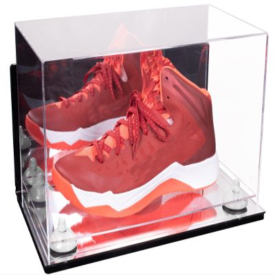 Better Display Cases Acrylic Large Shoe Display Case for Basketball Shoe Soccer Cleat Football Cleat with Mirror Case, White Risers, Wall Mount and Mirror Base (V11/A013)