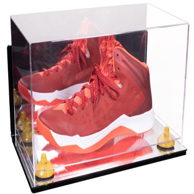 Better Display Cases Acrylic Large Shoe Display Case for Basketball Shoe Soccer Cleat Football Cleat with Mirror Case, Yellow Risers, Wall Mount and Mirror Base (V11/A013)