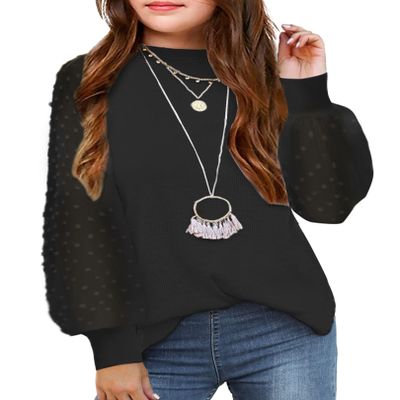 Arshiner Girls Puff Long Sleeve Sweaters Crewneck Lace Polka Dot Casual Knit Tops Pullover Jumper Outwear for Kids Black