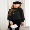 Arshiner Girls Puff Long Sleeve Sweaters Crewneck Lace Polka Dot Casual Knit Tops Pullover Jumper Outwear for Kids Black view 2