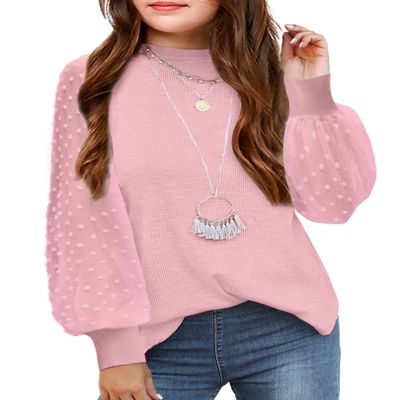 Arshiner Girls Puff Long Sleeve Sweaters Crewneck Lace Polka Dot Casual Knit Tops Pullover Jumper Outwear for Kids Pink