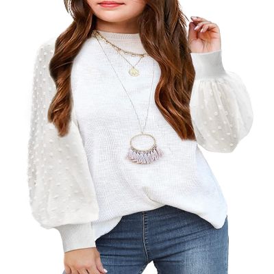 Arshiner Girls Puff Long Sleeve Sweaters Crewneck Lace Polka Dot Casual Knit Tops Pullover Jumper Outwear for Kids White