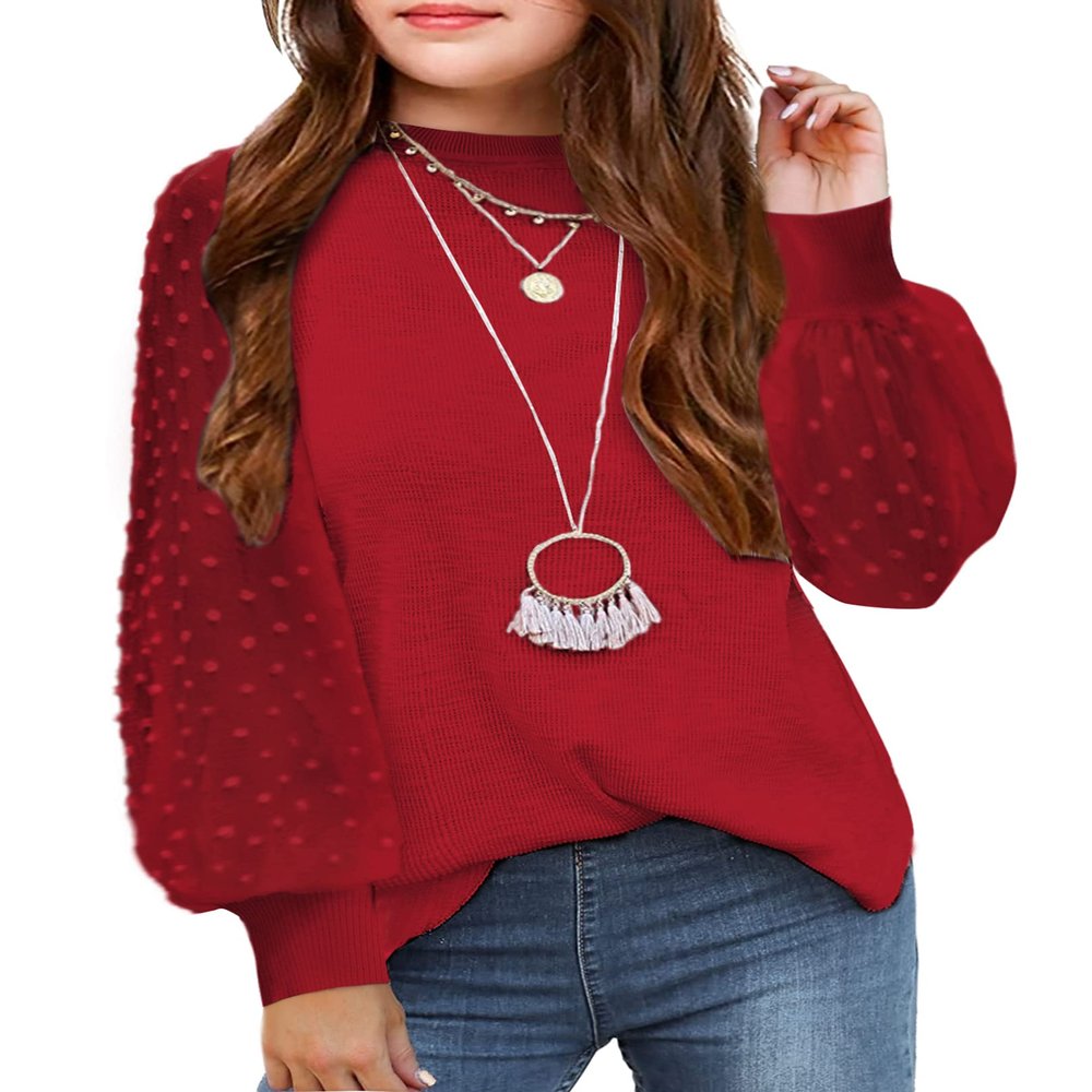 Arshiner Girls Puff Long Sleeve Sweaters Crewneck Lace Polka Dot Casual Knit Tops Pullover Jumper Outwear for Kids Dark Red