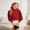 Arshiner Girls Puff Long Sleeve Sweaters Crewneck Lace Polka Dot Casual Knit Tops Pullover Jumper Outwear for Kids Dark Red view 2