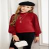 Arshiner Girls Puff Long Sleeve Sweaters Crewneck Lace Polka Dot Casual Knit Tops Pullover Jumper Outwear for Kids Dark Red view 4