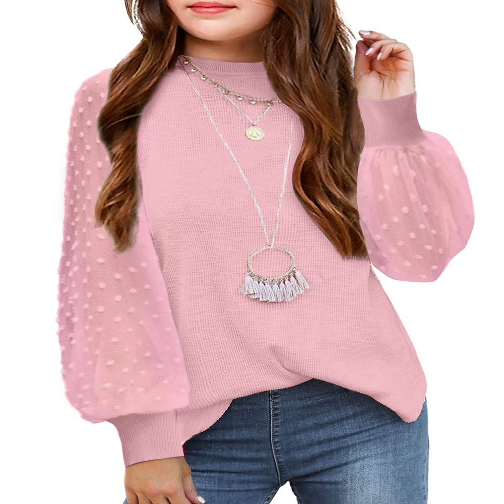 Arshiner Girls Puff Long Sleeve Sweaters Crewneck Lace Polka Dot Casual Knit Tops Pullover Jumper Outwear for Kids Pink