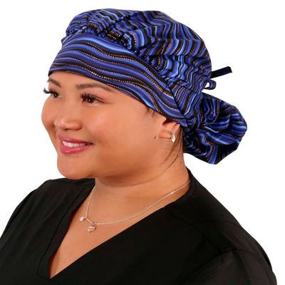 Sparkling EARTH Multiple Waves of Blue Banded Bouffant Ponytail Classic Surgical Style Scrub Working Cap - Made in The USA!