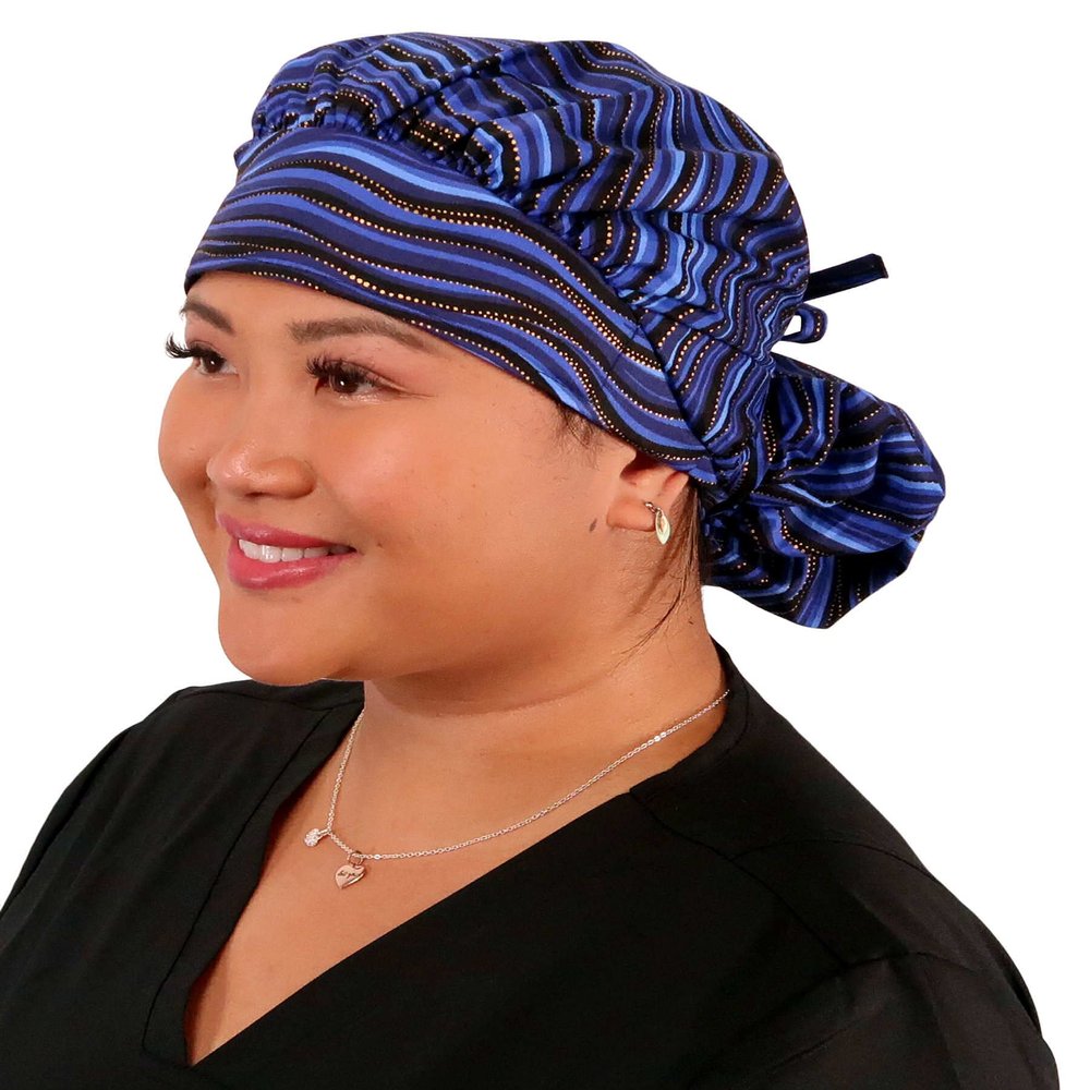 Sparkling EARTH Multiple Waves of Blue Banded Bouffant Ponytail Classic Surgical Style Scrub Working Cap - Made in The USA!