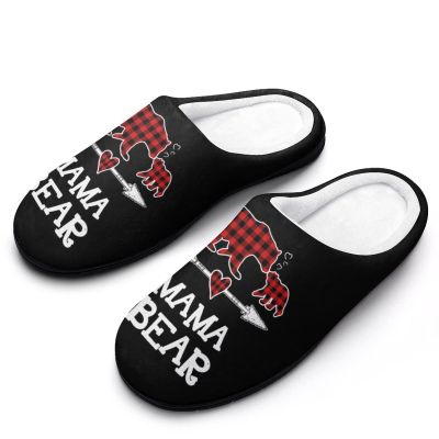 Red Plaid Buffalo Mama Bear Cotton Slippers Warm Indoor Soft Fuzzy Plush Non- Slip Slippers Winter House Shoes Suitable Mens 9-1042-43